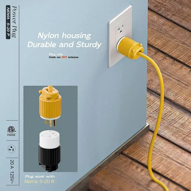 Alt view image 6 of 7 - Nema 5-20P 20A 125V Plug, Plugrand ETL Listed Industrial Cord End Plug | Heavy Duty Rewireable 20A/125Volt Connector, USA Canada 3-Prong Male Straight Blade Industrial Grade Connector, Yellow