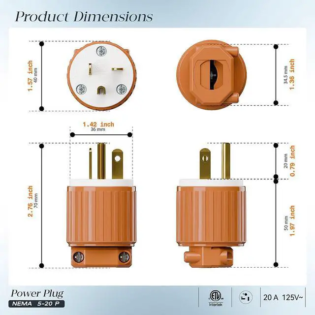 Alt view image 2 of 7 - (2PACK) Nema 5-20P Plug, Plugrand ETL Listed Industrial Grade Cord End Plug | Heavy Duty Rewireable 20A 125V USA Canada 3-Prong Male Straight Blade Connector, 20Amp AC Industrial Grade , Orange