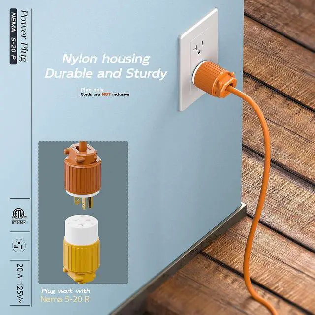 Alt view image 6 of 7 - (2PACK) Nema 5-20P Plug, Plugrand ETL Listed Industrial Grade Cord End Plug | Heavy Duty Rewireable 20A 125V USA Canada 3-Prong Male Straight Blade Connector, 20Amp AC Industrial Grade , Orange