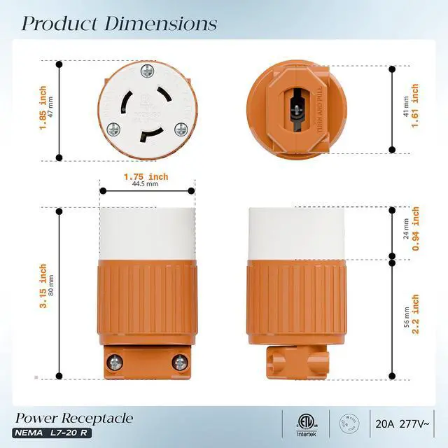 Alt view image 2 of 7 - NEMA L7-20R Locking Plug, (ETL Listed) Cord End Connector, Twist Lock L7-20 20Amp 277Volt Female AC Connector, Industrial Grade 20A 277V Replacement Socket PDL720R Orange