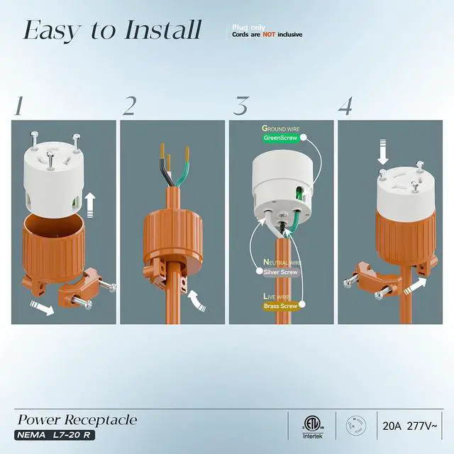 Alt view image 3 of 7 - NEMA L7-20R Locking Plug, (ETL Listed) Cord End Connector, Twist Lock L7-20 20Amp 277Volt Female AC Connector, Industrial Grade 20A 277V Replacement Socket PDL720R Orange