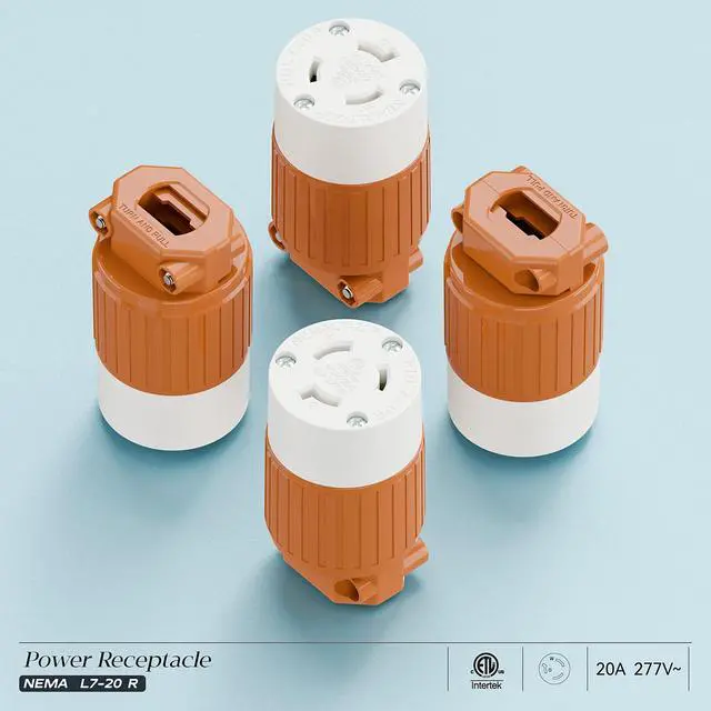 Alt view image 7 of 7 - NEMA L7-20R Locking Plug, (ETL Listed) Cord End Connector, Twist Lock L7-20 20Amp 277Volt Female AC Connector, Industrial Grade 20A 277V Replacement Socket PDL720R Orange