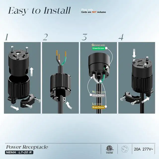 Alt view image 3 of 7 - NEMA L7-20R Locking Plug, (2PACK) (ETL Listed) Cord End Connector, Twist Lock L7-20 20Amp 277Volt Female AC Connector, Industrial Grade 20A 277V Replacement Socket PDL720R Black