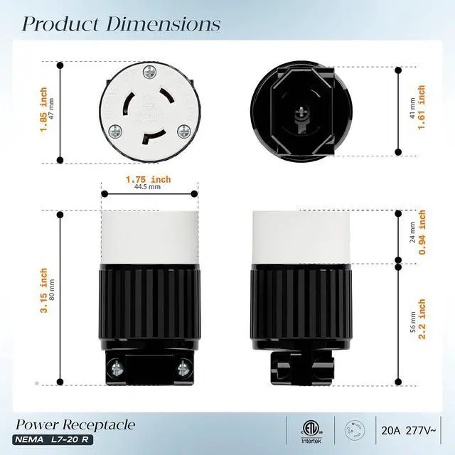 Alt view image 2 of 7 - NEMA L7-20R Locking Plug, (2PACK) (ETL Listed) Cord End Connector, Twist Lock L7-20 20Amp 277Volt Female AC Connector, Industrial Grade 20A 277V Replacement Socket PDL720R Black/White