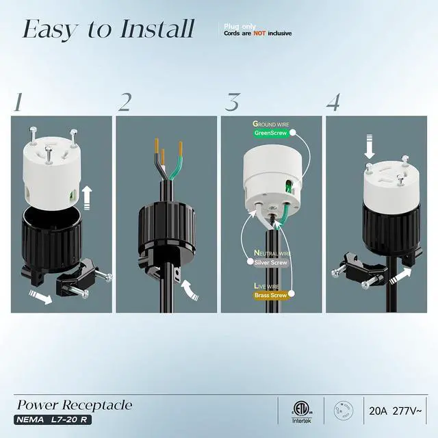 Alt view image 3 of 7 - NEMA L7-20R Locking Plug, (2PACK) (ETL Listed) Cord End Connector, Twist Lock L7-20 20Amp 277Volt Female AC Connector, Industrial Grade 20A 277V Replacement Socket PDL720R Black/White