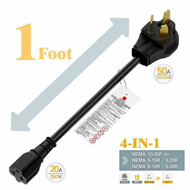 Alt view image 2 of 7 - Nema 10-50P to 5-20R/6-20R Adapter Cord, Plugrand 50Amp Dryer Plug Male to Four-in-One T-Blade Female Adapter, 50A 125/250V 12AWG,10-30 to 5-15R/5-20R/6-15R/6-20R 4 in 1 Adapters