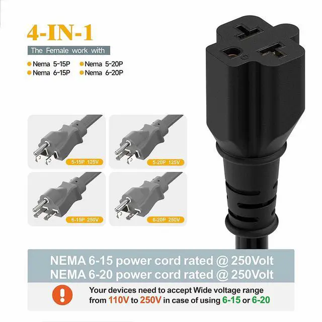 Alt view image 6 of 7 - Nema 10-50P to 5-20R/6-20R Adapter Cord, Plugrand 50Amp Dryer Plug Male to Four-in-One T-Blade Female Adapter, 50A 125/250V 12AWG,10-30 to 5-15R/5-20R/6-15R/6-20R 4 in 1 Adapters
