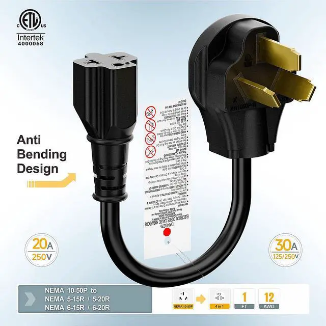 Alt view image 7 of 7 - Nema 10-50P to 5-20R/6-20R Adapter Cord, Plugrand 50Amp Dryer Plug Male to Four-in-One T-Blade Female Adapter, 50A 125/250V 12AWG,10-30 to 5-15R/5-20R/6-15R/6-20R 4 in 1 Adapters