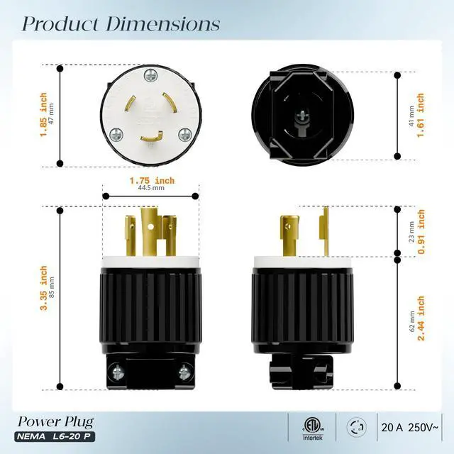 Alt view image 2 of 7 - (2PACK) NEMA L6-20P Locking Plug, Twist Lock L6-20 20Amp 250Volt Generator Plugs, Industrial Grade Lock in Male 20A/250V Connector, (ETL Listed) Heavy Duty Plug for Generators Black/White Color