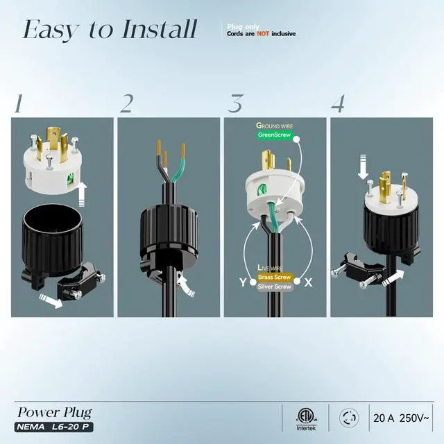 Alt view image 4 of 7 - (2PACK) NEMA L6-20P Locking Plug, Twist Lock L6-20 20Amp 250Volt Generator Plugs, Industrial Grade Lock in Male 20A/250V Connector, (ETL Listed) Heavy Duty Plug for Generators Black/White Color