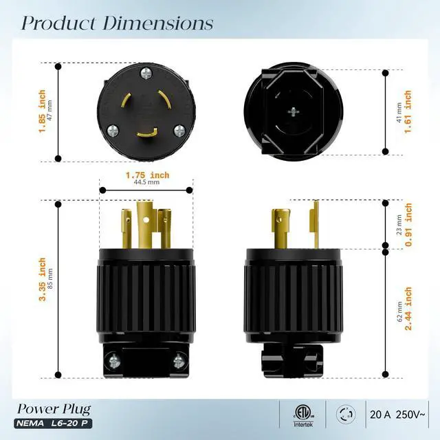 Alt view image 2 of 7 - NEMA L6-20P Locking Plug, Twist Lock L6-20 20Amp 250Volt Generator Plugs, Industrial Grade Lock in Male 20A/250V Connector, (ETL Listed) Heavy Duty Plug for Generators Black