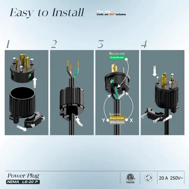 Alt view image 3 of 7 - NEMA L6-20P Locking Plug, Twist Lock L6-20 20Amp 250Volt Generator Plugs, Industrial Grade Lock in Male 20A/250V Connector, (ETL Listed) Heavy Duty Plug for Generators Black