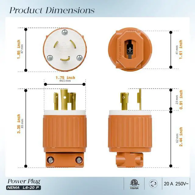 Alt view image 2 of 7 - (2PACK) NEMA L6-20P Locking Plug, Twist Lock L6-20 20Amp 250Volt Generator Plugs, Industrial Grade Lock in Male 20A/250V Connector, (ETL Listed) Heavy Duty Plug for Generators Orange