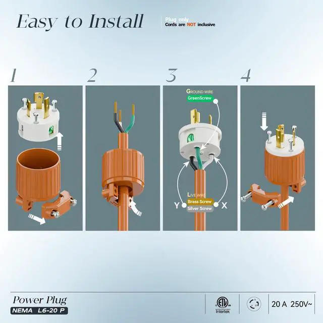 Alt view image 3 of 7 - (2PACK) NEMA L6-20P Locking Plug, Twist Lock L6-20 20Amp 250Volt Generator Plugs, Industrial Grade Lock in Male 20A/250V Connector, (ETL Listed) Heavy Duty Plug for Generators Orange