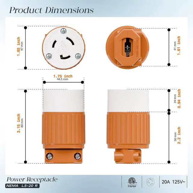 Alt view image 2 of 7 - (2PACK) NEMA L5-20R Locking Plug Receptacle (ETL Listed) Twist Lock L5-20R 20Amp 125Volt AC Connector, Industrial Grade Lock in Female 20A/125V Socket, Heavy Duty 125V,20A, 2400Watt Orange