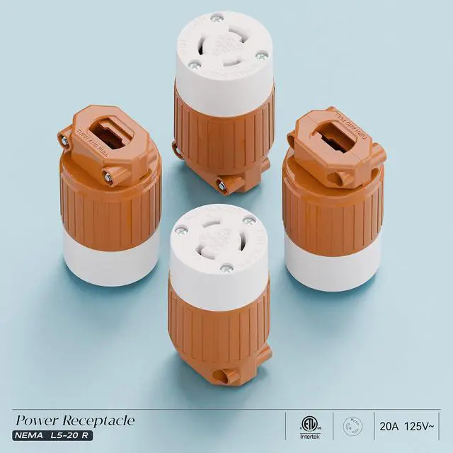 Alt view image 7 of 7 - (2PACK) NEMA L5-20R Locking Plug Receptacle (ETL Listed) Twist Lock L5-20R 20Amp 125Volt AC Connector, Industrial Grade Lock in Female 20A/125V Socket, Heavy Duty 125V,20A, 2400Watt Orange
