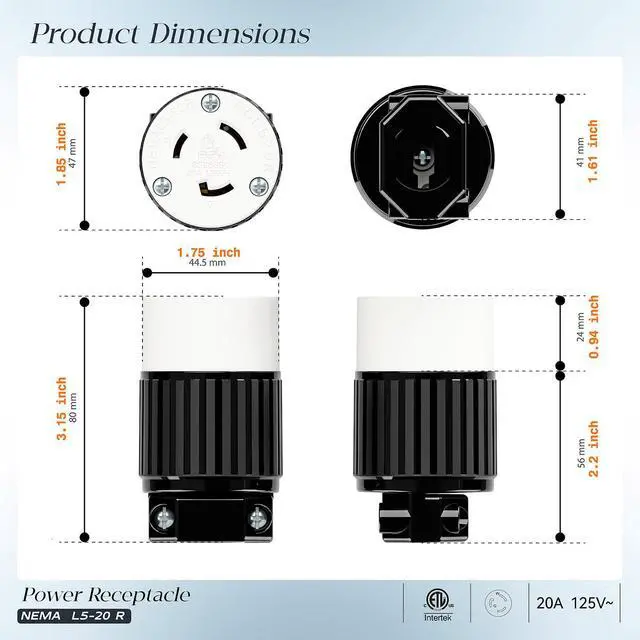 Alt view image 2 of 7 - (2PACK) NEMA L5-20R Locking Plug Receptacle (ETL Listed) Twist Lock L5-20R 20Amp 125Volt AC Connector, Industrial Grade Lock in Female 20A/125V Socket, Heavy Duty 125V,20A, 2400Watt Black/White