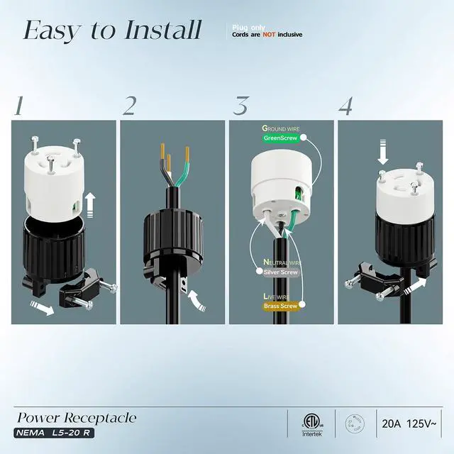 Alt view image 3 of 7 - (2PACK) NEMA L5-20R Locking Plug Receptacle (ETL Listed) Twist Lock L5-20R 20Amp 125Volt AC Connector, Industrial Grade Lock in Female 20A/125V Socket, Heavy Duty 125V,20A, 2400Watt Black/White