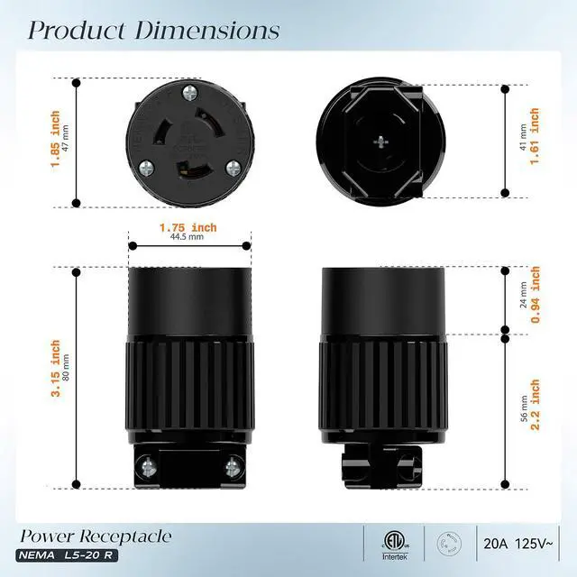 Alt view image 2 of 7 - NEMA L5-20R Locking Plug Receptacle (ETL Listed) Twist Lock L5-20R 20Amp 125Volt AC Connector, Industrial Grade Lock in Female 20A/125V Socket, Heavy Duty 125V,20A, 2400Watt Black