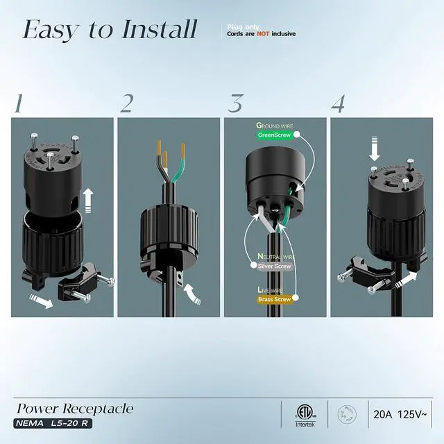 Alt view image 3 of 7 - NEMA L5-20R Locking Plug Receptacle (ETL Listed) Twist Lock L5-20R 20Amp 125Volt AC Connector, Industrial Grade Lock in Female 20A/125V Socket, Heavy Duty 125V,20A, 2400Watt Black