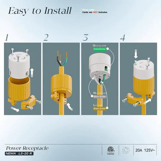 Alt view image 3 of 7 - NEMA L5-20R Locking Plug Receptacle (ETL Listed) Twist Lock L5-20R 20Amp 125Volt AC Connector, Industrial Grade Lock in Female 20A/125V Socket, Heavy Duty 125V,20A, 2400Watt Yellow