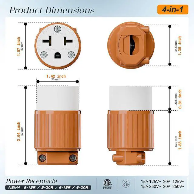 Alt view image 2 of 7 - Four-in-One Heavy Duty NEMA 5-15R/5-20R/6-15R/6-20R Female Receptacle,15A/20A 125VOLT, 15A/20A 250V NEMA 4-in-1 Connector, Straight Female Socket Orange Color