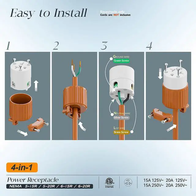 Alt view image 3 of 7 - Four-in-One Heavy Duty NEMA 5-15R/5-20R/6-15R/6-20R Female Receptacle,15A/20A 125VOLT, 15A/20A 250V NEMA 4-in-1 Connector, Straight Female Socket Orange Color