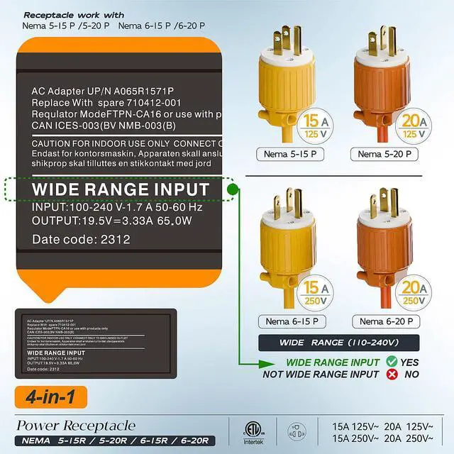 Alt view image 5 of 7 - Four-in-One Heavy Duty NEMA 5-15R/5-20R/6-15R/6-20R Female Receptacle,15A/20A 125VOLT, 15A/20A 250V NEMA 4-in-1 Connector, Straight Female Socket Orange Color