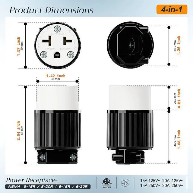 Alt view image 2 of 7 - (2PACK) Four-in-One NEMA 5-15R/5-20R/6-15R/6-20R Female Receptacle,15A/20A 125VOLT, 15A/20A 250V NEMA 4-in-1 Connector, Straight Female Socket Black and White