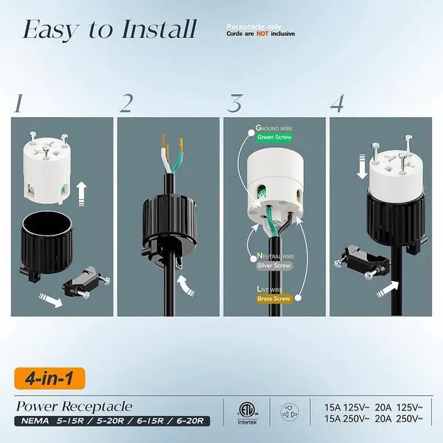 Alt view image 4 of 7 - (2PACK) Four-in-One NEMA 5-15R/5-20R/6-15R/6-20R Female Receptacle,15A/20A 125VOLT, 15A/20A 250V NEMA 4-in-1 Connector, Straight Female Socket Black and White