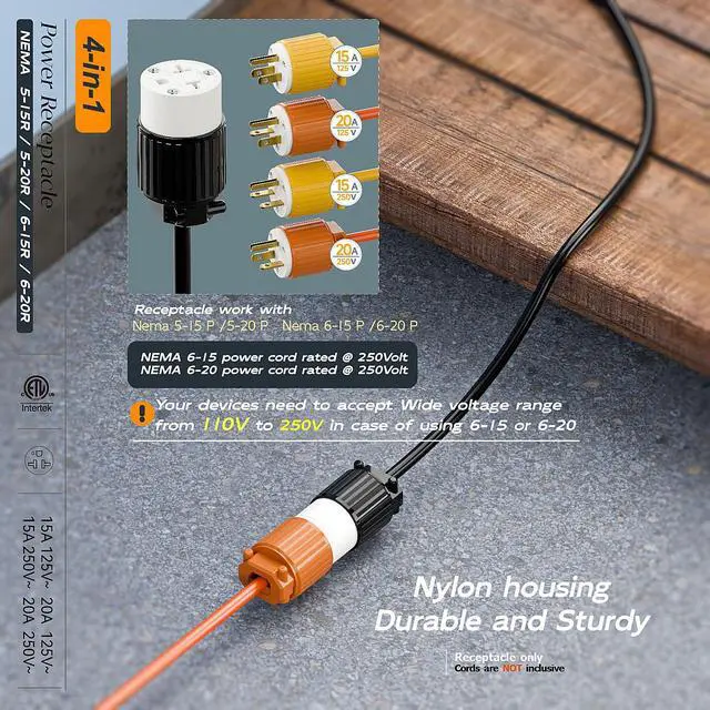 Alt view image 7 of 7 - Four-in-One Heavy Duty NEMA 5-15R/5-20R/6-15R/6-20R Female Receptacle,15A/20A 125VOLT, 15A/20A 250V NEMA 4-in-1 Connector, Straight Female Socket Black and White