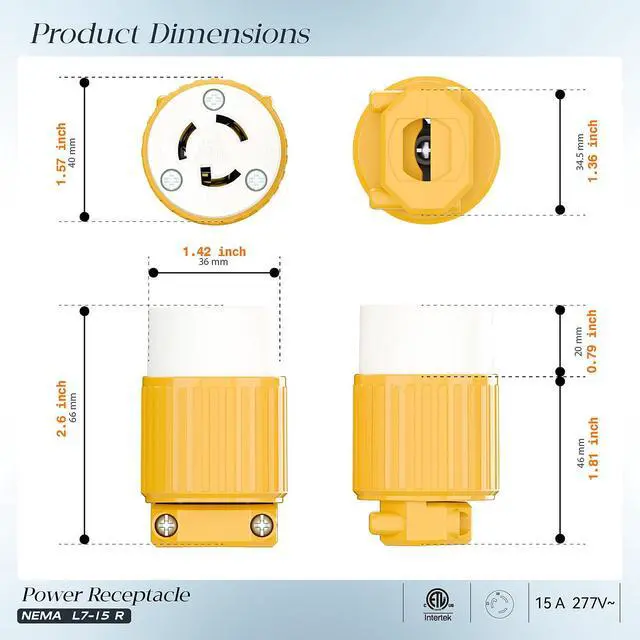 Alt view image 2 of 7 - 2PACK NEMA L7-15R Locking Plug, (ETL Listed) Cord End Connector, Twist Lock L7-15 15Amp 277Volt Female AC Connector, Industrial Grade 15A 277V Replacement Socket PDL715R Yellow