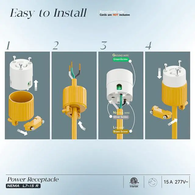 Alt view image 3 of 7 - 2PACK NEMA L7-15R Locking Plug, (ETL Listed) Cord End Connector, Twist Lock L7-15 15Amp 277Volt Female AC Connector, Industrial Grade 15A 277V Replacement Socket PDL715R Yellow