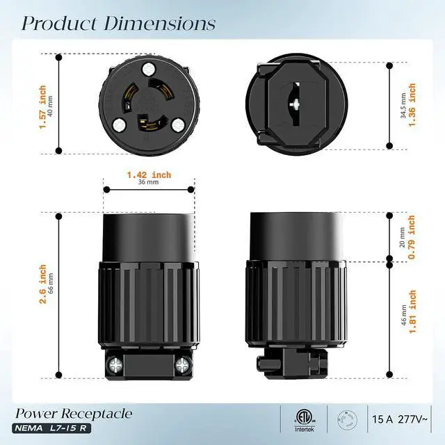 Alt view image 2 of 7 - 2PACK NEMA L7-15R Locking Plug, (ETL Listed) Cord End Connector, Twist Lock L7-15 15Amp 277Volt Female AC Connector, Industrial Grade 15A 277V Replacement Socket PDL715R Black