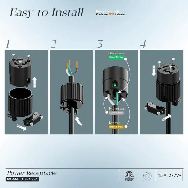 Alt view image 3 of 7 - 2PACK NEMA L7-15R Locking Plug, (ETL Listed) Cord End Connector, Twist Lock L7-15 15Amp 277Volt Female AC Connector, Industrial Grade 15A 277V Replacement Socket PDL715R Black