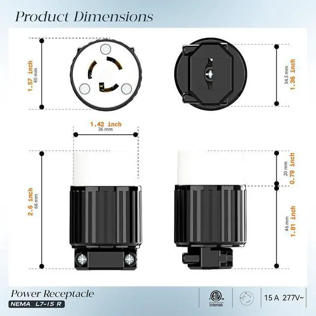 Alt view image 2 of 7 - NEMA L7-15R Locking Plug, (ETL Listed) Cord End Connector, Twist Lock L7-15 15Amp 277Volt Female AC Connector, Industrial Grade 15A 277V Replacement Socket PDL715R Black/White