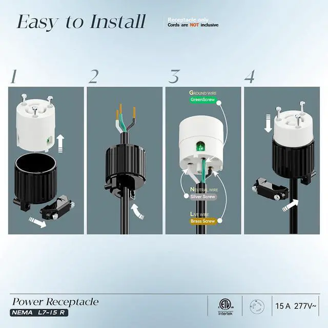 Alt view image 3 of 7 - NEMA L7-15R Locking Plug, (ETL Listed) Cord End Connector, Twist Lock L7-15 15Amp 277Volt Female AC Connector, Industrial Grade 15A 277V Replacement Socket PDL715R Black/White