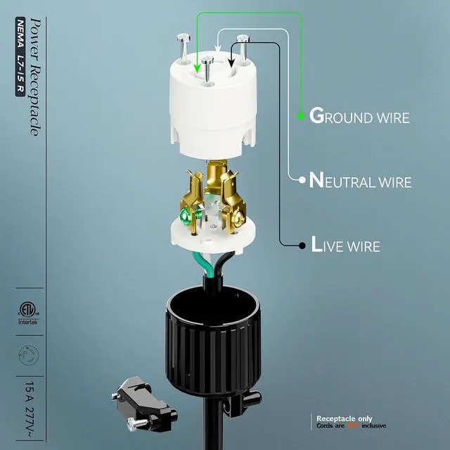 Alt view image 4 of 7 - NEMA L7-15R Locking Plug, (ETL Listed) Cord End Connector, Twist Lock L7-15 15Amp 277Volt Female AC Connector, Industrial Grade 15A 277V Replacement Socket PDL715R Black/White