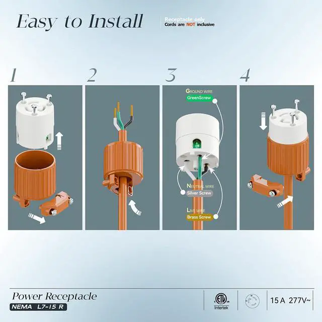 Alt view image 3 of 7 - NEMA L7-15R Locking Plug, (ETL Listed) Cord End Connector, Twist Lock L7-15 15Amp 277Volt Female AC Connector, Industrial Grade 15A 277V Replacement Socket PDL715R Orange
