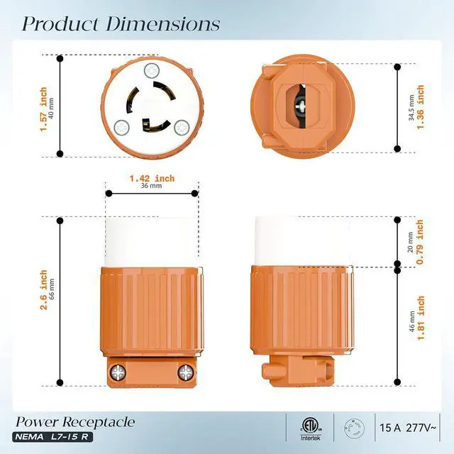 Alt view image 2 of 7 - NEMA L7-15R Locking Plug, (ETL Listed) Cord End Connector, Twist Lock L7-15 15Amp 277Volt Female AC Connector, Industrial Grade 15A 277V Replacement Socket PDL715R Orange