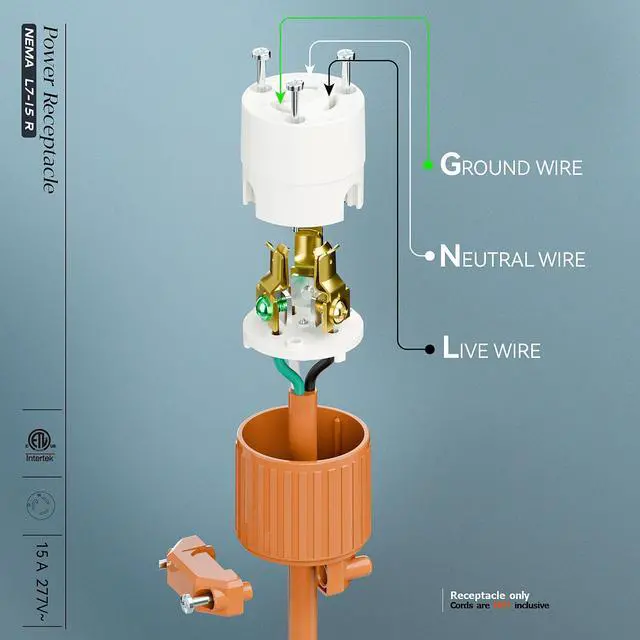 Alt view image 4 of 7 - NEMA L7-15R Locking Plug, (ETL Listed) Cord End Connector, Twist Lock L7-15 15Amp 277Volt Female AC Connector, Industrial Grade 15A 277V Replacement Socket PDL715R Orange