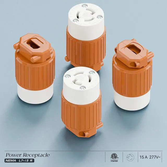 Alt view image 7 of 7 - NEMA L7-15R Locking Plug, (ETL Listed) Cord End Connector, Twist Lock L7-15 15Amp 277Volt Female AC Connector, Industrial Grade 15A 277V Replacement Socket PDL715R Orange