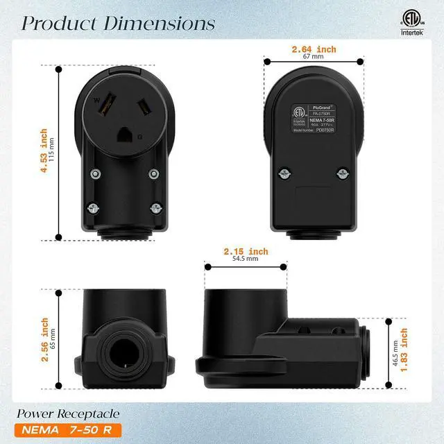 Alt view image 3 of 7 - NEMA 7-50R Plug,7-50R 50A/277V Female Socket (ETL Certified) 50Amp 277Volt Cord End Receptacle, Heavy Duty 3-Prong Connector, Black.