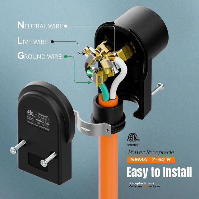 Alt view image 4 of 7 - NEMA 7-50R Plug,7-50R 50A/277V Female Socket (ETL Certified) 50Amp 277Volt Cord End Receptacle, Heavy Duty 3-Prong Connector, Black.