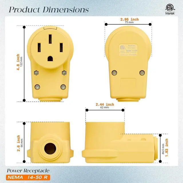 Alt view image 2 of 7 - (2PACK) NEMA 14-50R Plug,14-50 50A/125/250V Female Connector, (ETL Certified) 50Amp 125/250Volt Cord End Socket, Female 50A Dryer Receptacle, Heavy Duty, Yellow.