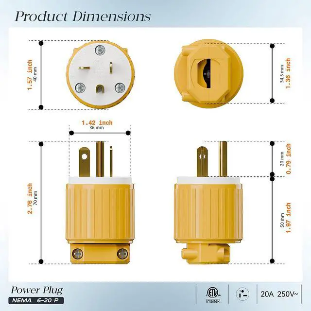 Alt view image 2 of 7 - NEMA 6-20P Male Plug, ETL Listed 20AMP/250VOLT,20A Straight DIY Male, USA/Canada 3-Prong Connector, 20A/250V Plug Household AC Industrial Grade Plugs Yellow Color