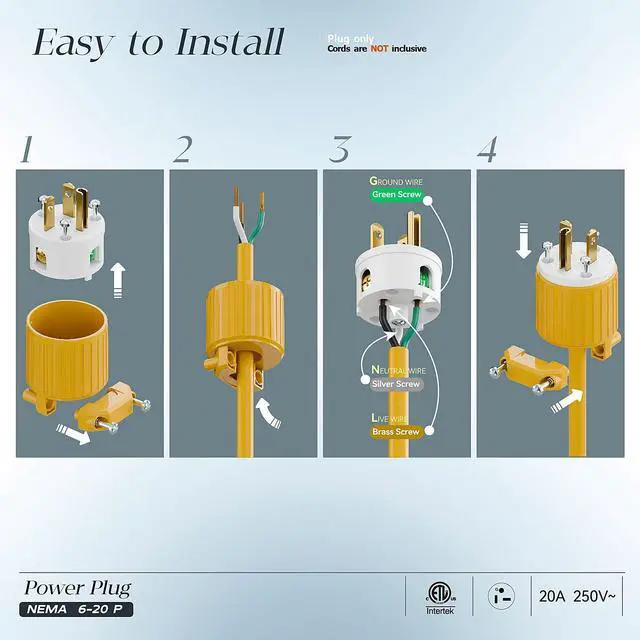 Alt view image 3 of 7 - NEMA 6-20P Male Plug, ETL Listed 20AMP/250VOLT,20A Straight DIY Male, USA/Canada 3-Prong Connector, 20A/250V Plug Household AC Industrial Grade Plugs Yellow Color