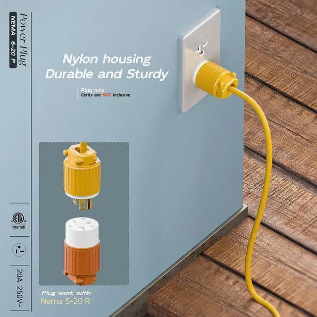Alt view image 6 of 7 - NEMA 6-20P Male Plug, ETL Listed 20AMP/250VOLT,20A Straight DIY Male, USA/Canada 3-Prong Connector, 20A/250V Plug Household AC Industrial Grade Plugs Yellow Color