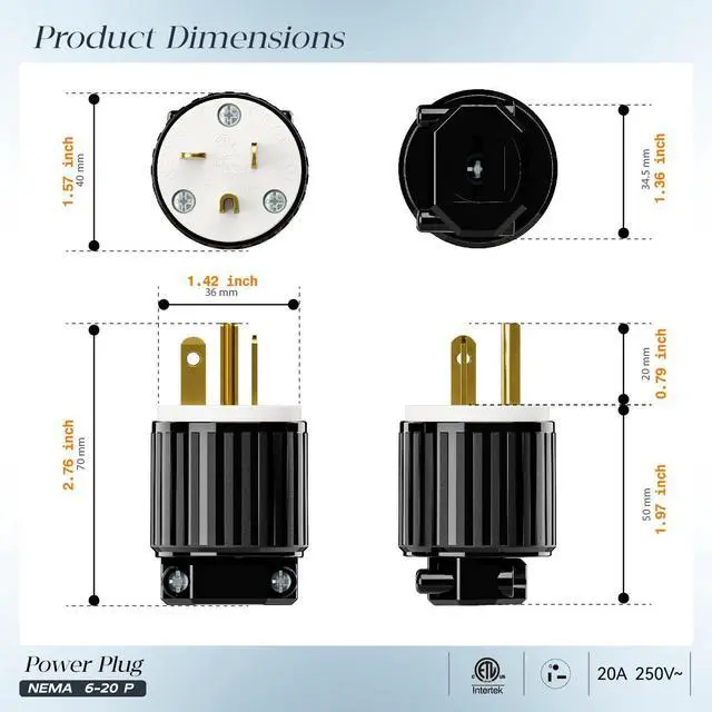 Alt view image 2 of 7 - (10PACK) NEMA 6-20P Male Plug, ETL Listed 20AMP/250VOLT,20A Straight DIY Male, USA/Canada 3-Prong Connector, 20A/250V Plug Household AC Industrial Grade Plugs Black/White Color