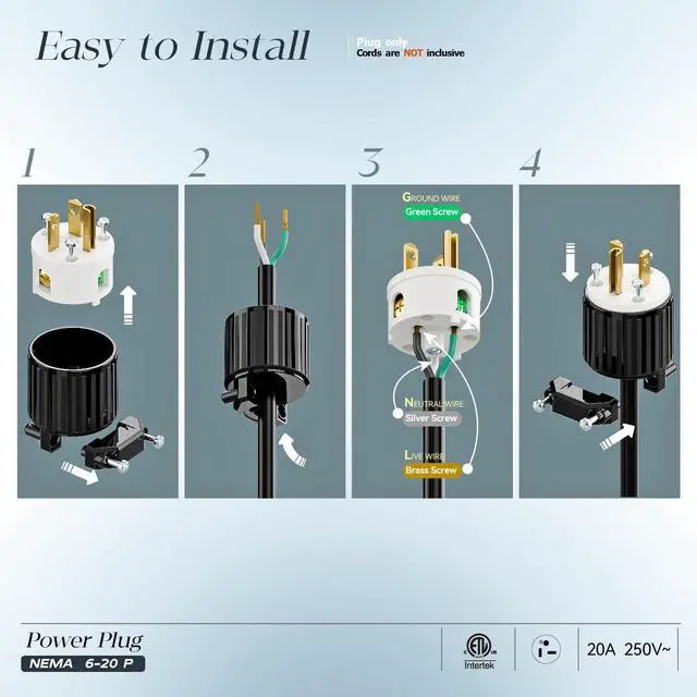 Alt view image 3 of 7 - (10PACK) NEMA 6-20P Male Plug, ETL Listed 20AMP/250VOLT,20A Straight DIY Male, USA/Canada 3-Prong Connector, 20A/250V Plug Household AC Industrial Grade Plugs Black/White Color